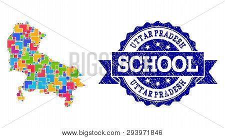 Mosaic Puzzle Map Of Uttar Pradesh State And Scratched School Seal Stamp With Ribbon. Vector Map Of 