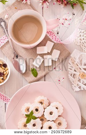 Canestrelli Biscuits With Mint On Pink Dish.