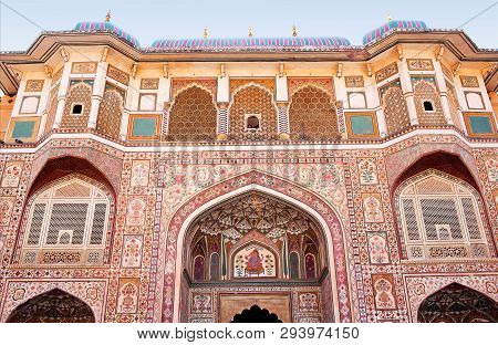 Jaipur, India - January 3, 2019: Exteriorl Of Ganesh Gate In Amber Fort, Rajasthan State