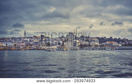 Sea Front Landscape Of Istanbul Historical Part. Sea View Of Istanbul. Turkey Travel Concept