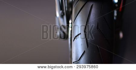 Motorcycle Tyre Close-up Banner. Copy Space. Moto Transportation  Concept.