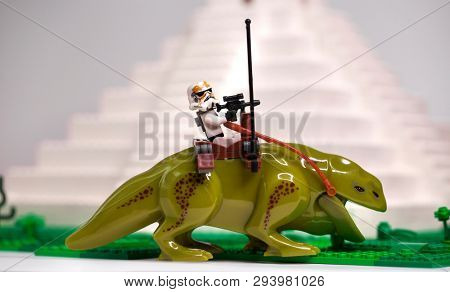 RUSSIA, SAMARA, April 05, 2019. Constructor Lego Imperial Stormtrooper Rides a Rosospinnik - Star Wars Episode 4