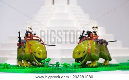 RUSSIA, SAMARA, April 05, 2019. Constructor Lego Imperial Stormtrooper Rides a Rosospinnik - Star Wars Episode 4