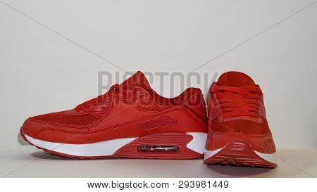 On A White Background, Red Sneakers, With White Sole, Close-up