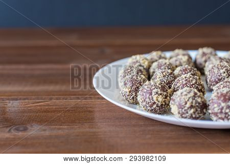 Dates And Oatmeal Energy Balls Or Bites No Cook With Espresso Black Coffee On Wooden Table Healthy F