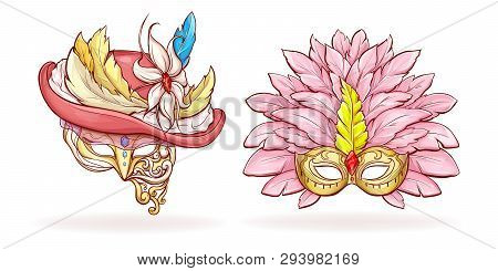 Womens Magnificent Golden Masks And Hat, Decorated Colorful Feathers And Precious Stones Cartoon Vec