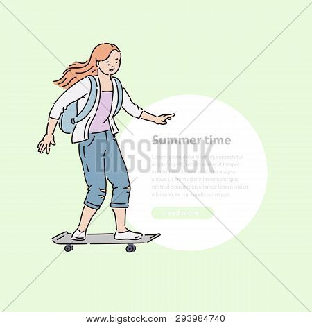 Young Girl Ride Skateboard Down Street Summer Time Vector Line Art Flat Illustration Banner And Roun