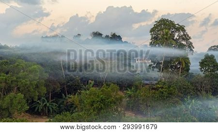 Beautiful Landscape Jungle View And Morning Fog In Bukit Kalam Village,labuan,malaysia.nature Backgr