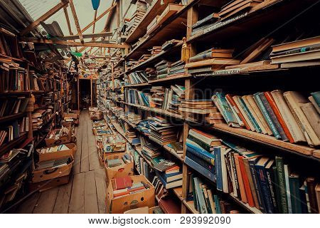 Kyiv, Ukraine - Apr 7, 2019: Old Science And Manual Books On Bookshelves Of Vintage Book Market On A