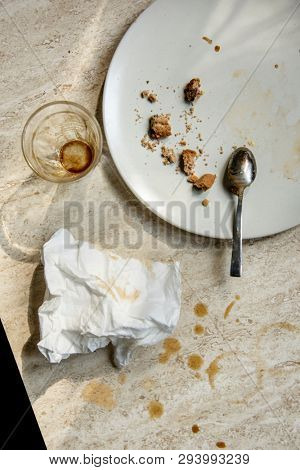 Dirty and empty dishes after breakfast and after party. Real life concept at home. 