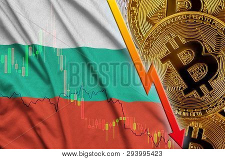 Bulgaria Flag And Cryptocurrency Falling Trend With Many Golden Bitcoins