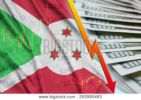 Burundi Flag And Chart Falling Us Dollar Position With A Fan Of Dollar Bills