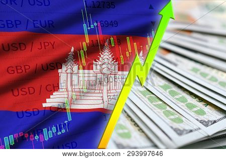 Cambodia Flag And Chart Growing Us Dollar Position With A Fan Of Dollar Bills