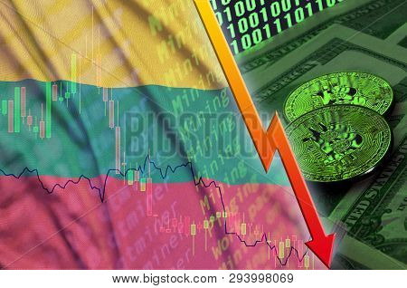 Lithuania Flag And Cryptocurrency Falling Trend With Two Bitcoins On Dollar Bills And Binary Code Di