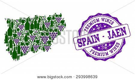 Vector Collage Of Grape Wine Map Of Jaen Spanish Province And Purple Grunge Seal Stamp For Premium W