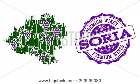 Vector Collage Of Grape Wine Map Of Soria Province And Purple Grunge Seal For Premium Wines Awards. 