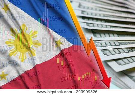 Philippines Flag And Chart Falling Us Dollar Position With A Fan Of Dollar Bills