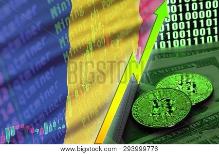 Chad Flag And Cryptocurrency Growing Trend With Two Bitcoins On Dollar Bills And Binary Code Display