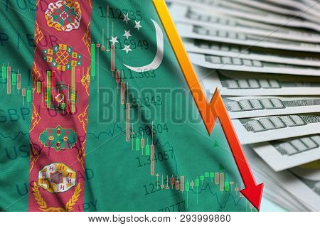 Turkmenistan Flag And Chart Falling Us Dollar Position With A Fan Of Dollar Bills