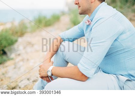 Groom Is Sitting Near The Ancient Abandoned Arza Fortress On The Mamula Island