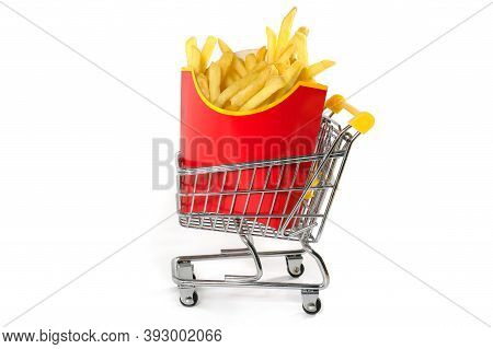 Potatoes Fries In A Red Box In A Basket Isolated On White Background. Business Concept.