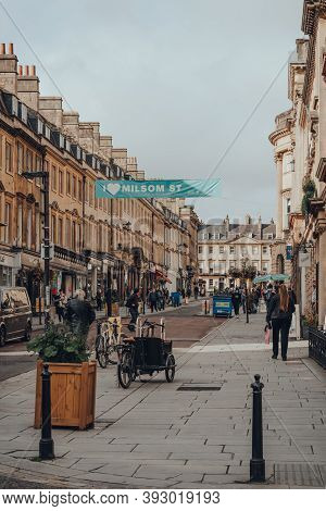 Bath, Uk - October 04, 2020: View Of A Milsom Street, A Famous Shopping Street In Bath, The Largest 