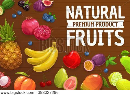 Natural Farm Ripe Fruits Vector Pineapple, Mango, Peach And Banana, Pomegranat, Apple And Pear. Figs