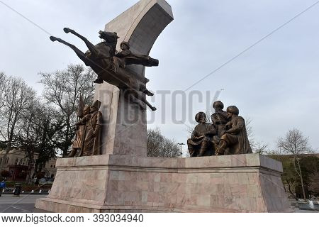 Turkey, Istanbul - 20,02,2018: Memorial To Sultan Mehmed Ii In Faith Park In Istanbul, Turkey