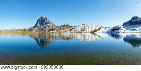 Midi Dossau Peak and Gentau lake. Ayous Lakes in Ossau Valley, Pyrenees National Park in France.