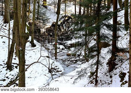 Winter Forest Valley In A Blanket Of Snow, Javorniky, Wallachia, Czech Republic