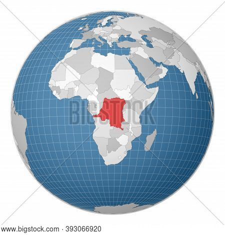 Globe Centered To Dr Congo. Country Highlighted With Green Color On World Map. Satellite World Proje