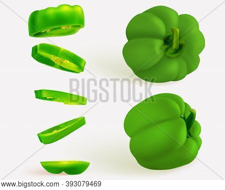 Slice Pepper, Hungarian Pepper, Realistic Sweet Papper. Capsicum Habanero Colorful Paprika Isolated 