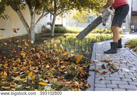 Man Uses A Blower, A Vacuum Cleaner Works In An Autumn Garden, Blowing Off Fallen Leaves From A Gard