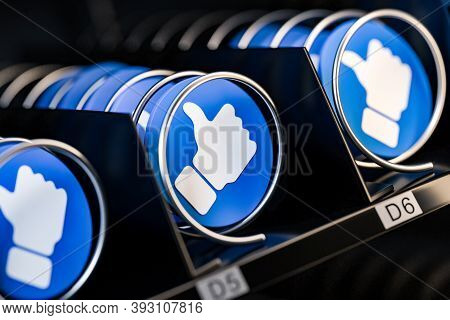 Blue Thumbs Up Icons, Likes Icon In Realistic Modern Vending Machine. 3d Rendering