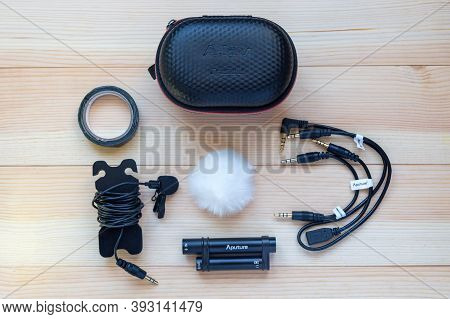 Orenburg, Russia 04 11 2020 Lapel Microphone Aputure. Equipment Editorial Complete Set Microphone Po