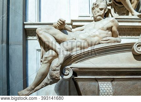 Florence, Italy - February 14, 2019: Medici Chapels, The Tomb Of The Duke Of Urbino, By Michelangelo