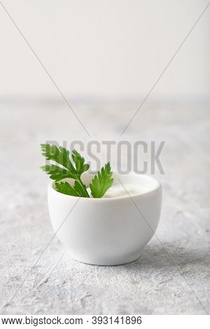 White Sauce, Seasonings For Dishes, Served In White Bowls Copyspace