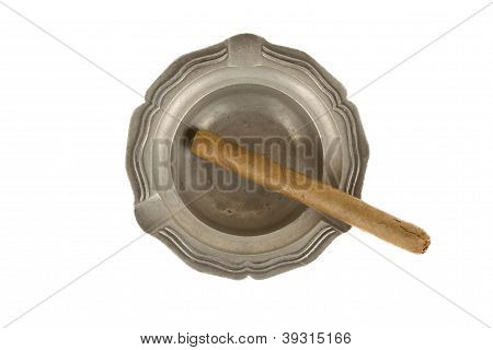 Unused Large Cigar In An Old Tin Ashtray