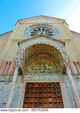 Basilica Of San Zeno Verona - Italy. Facade And Bell Tower Of The Church Of San Zeno In Verona Italy