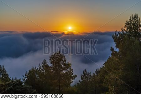 Sunrise Views From The Montcabrer Mountain In A Day With Clouds, Cocentaina.