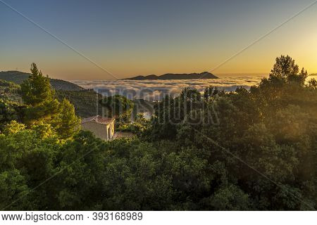 Sunrise Views From The Montcabrer Mountain In A Day With Clouds, Cocentaina.
