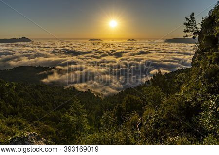 Sunrise Views From The Montcabrer Mountain In A Day With Clouds, Cocentaina.