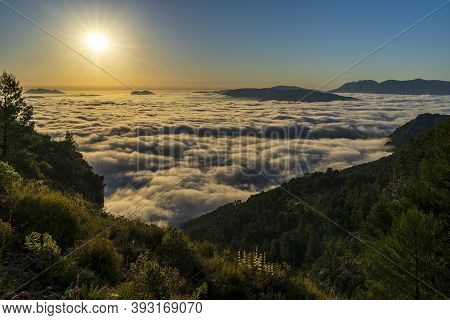 Sunrise Views From The Montcabrer Mountain In A Day With Clouds, Cocentaina.