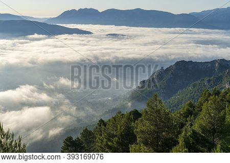 Sunrise Views From The Montcabrer Mountain With Cocentaina Castle At Right, Cocentaina.