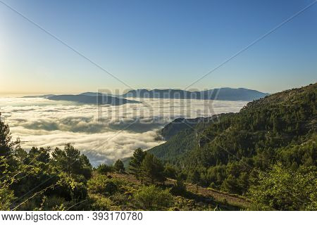 Sunrise Views From The Montcabrer Mountain With Cocentaina Castle At Right, Cocentaina.