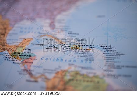 Haiti On A Colorful Map Of The Lucayan Archipelago With Its Main Routes In Red