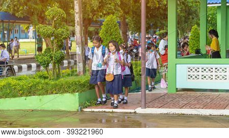 Kanchanaburi,thailand-july 2,2020:thai Students Wear Various Medical Masks To Prevent Themselves Fro