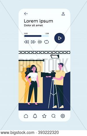 Young Model Posing In Photography Studio Isolated Flat Vector Illustration. Cartoon Photographers Ta