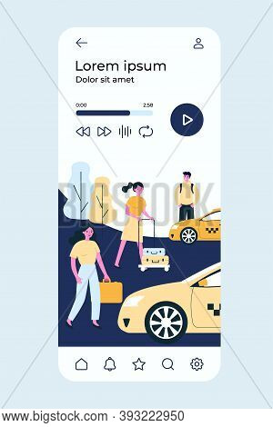 Tourists With Luggage Waiting For Taxi. Passengers With Baggage, Arrival, Cabs Flat Vector Illustrat