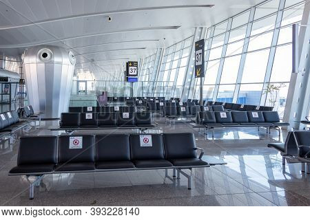 Hurghada, Egypt - October 3, 2020: Insight The Airport Terminal. The Airport Hurghada, Due To The Co